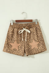 Khaki Leopard Drawstring Elastic Waist Star Patched Shorts