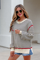 Black Stripe Ribbed Trim Drop Shoulder Oversized Sweater