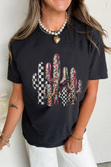 Black Mixed Pattern Cactus Graphic Print Relaxed T-Shirt