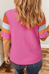 Orange Colorblock Eyelet Casual Knit T Shirt