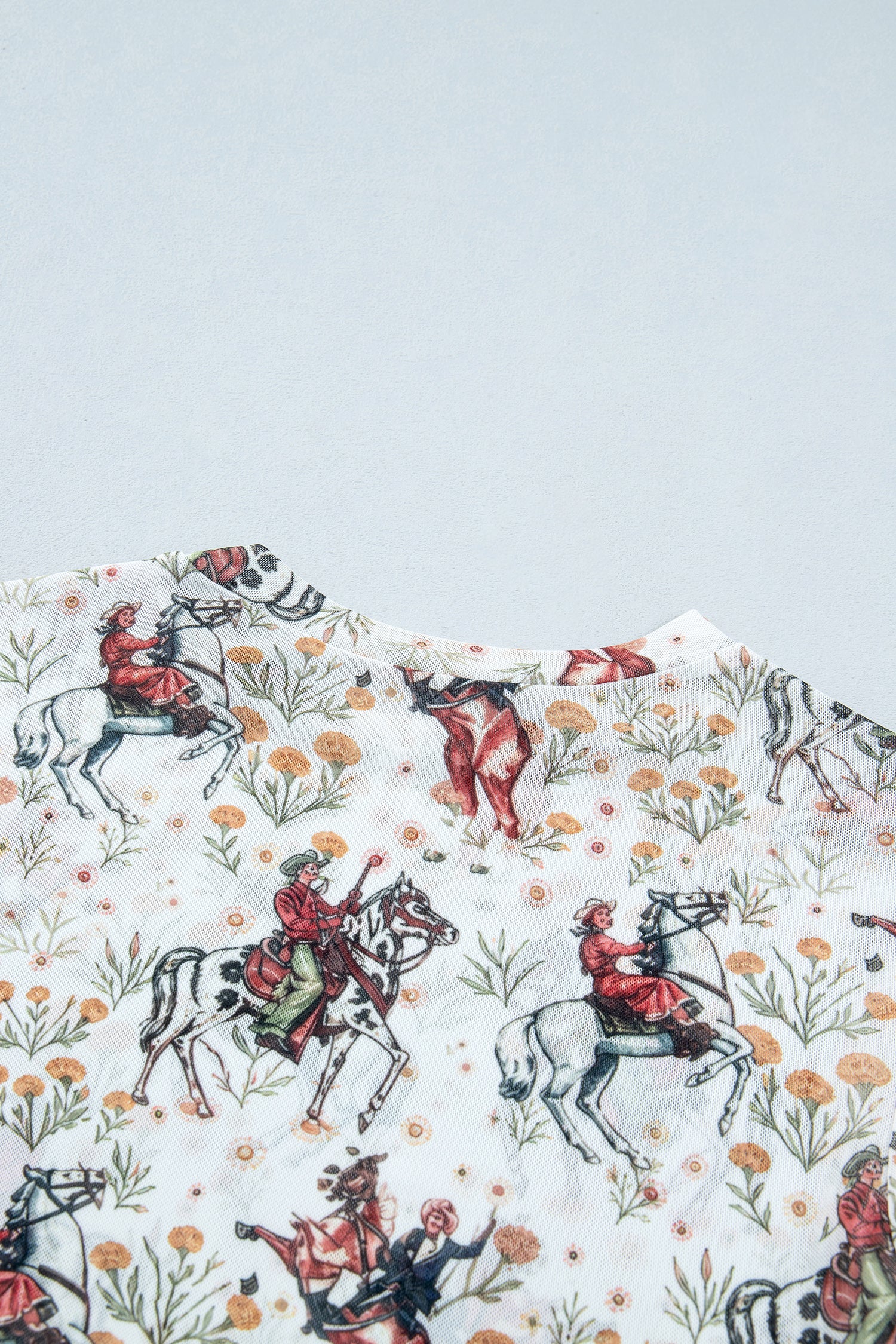 Brown Western Cowboy Floral Print Sheer Mesh Long Sleeve Top
