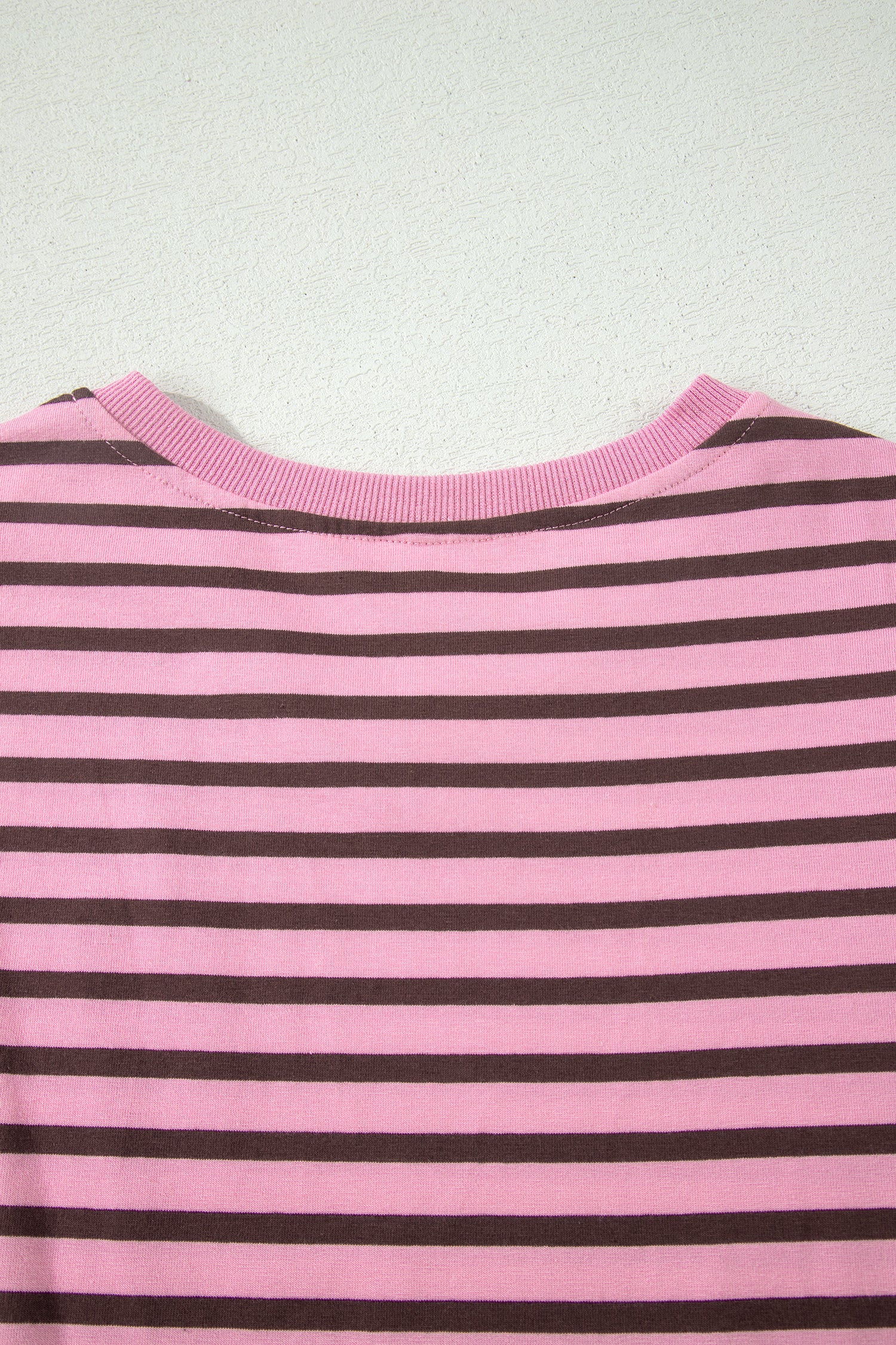 Rose Stripe Striped V-Neck Ribbed Collar Cuff Gathering Puff Sleeve Top