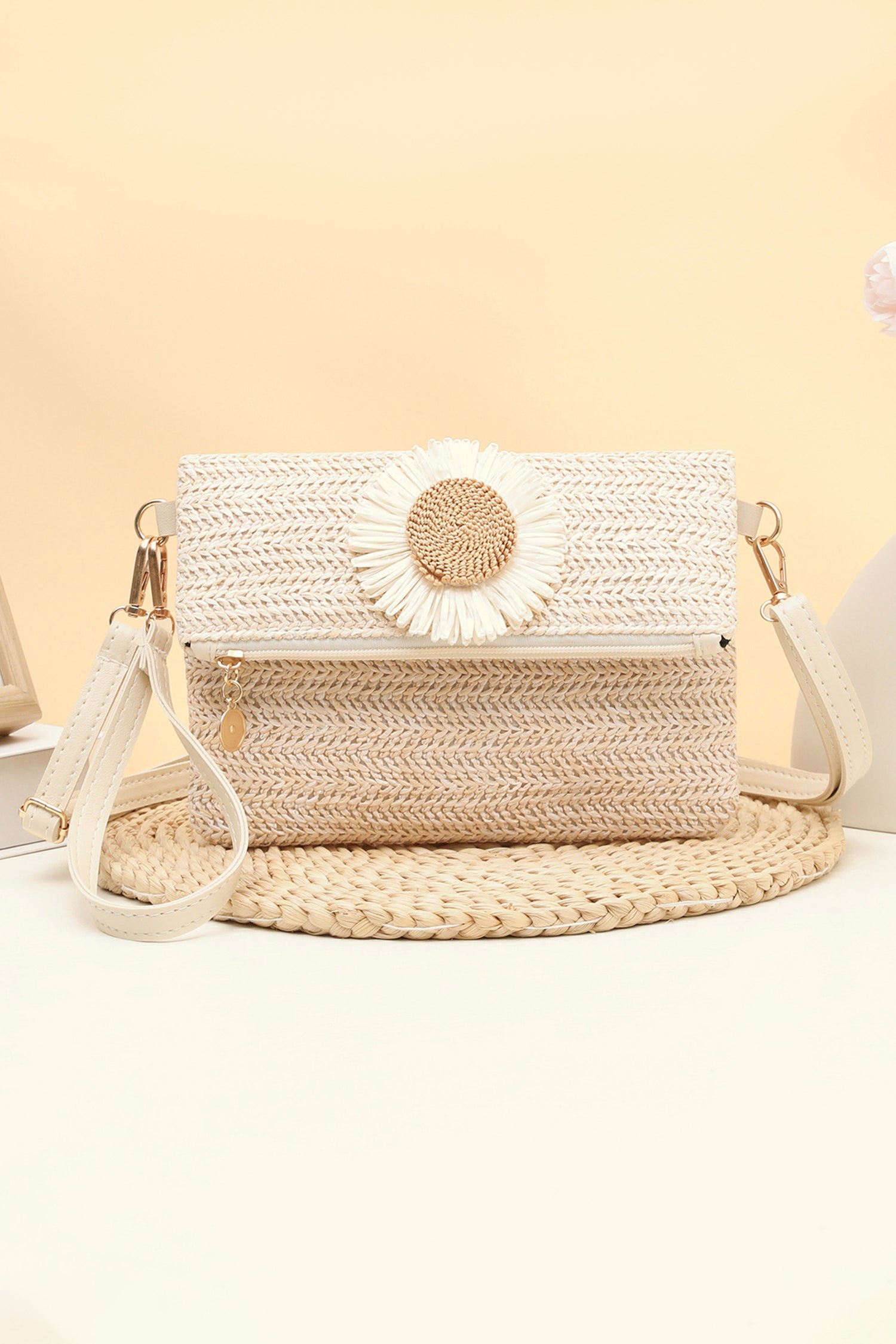 Pink Striped Straw Woven Zip Folded Magnetic Button Shoulder Bag