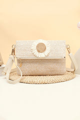 Pink Striped Straw Woven Zip Folded Magnetic Button Shoulder Bag