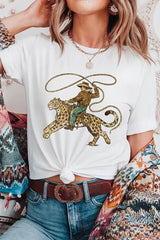 White Leopard Rodeo Cowboy Graphic Casual Tee