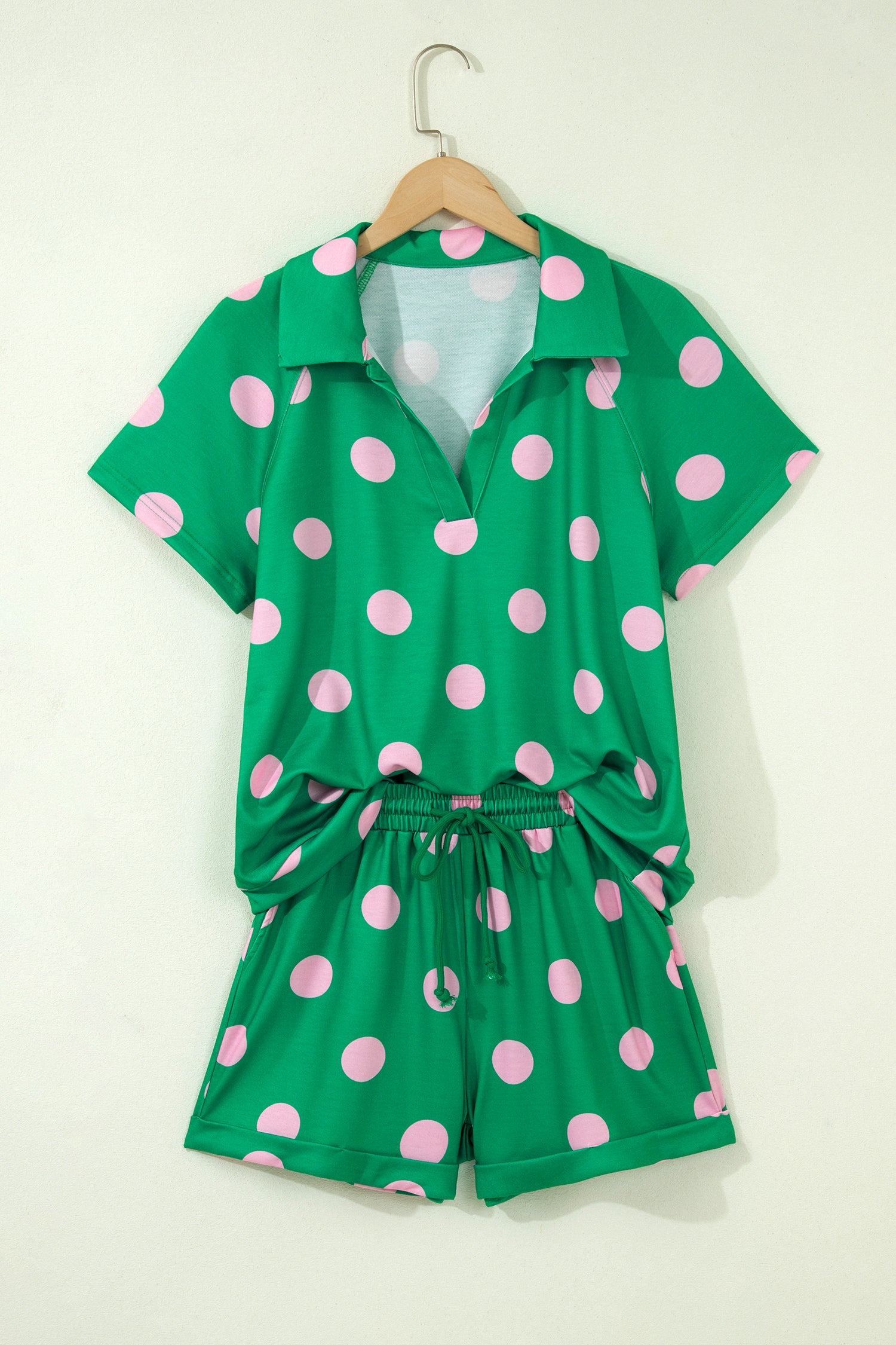 Green Polka Dot Print V Neck Tee Short Set