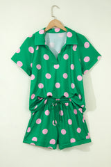 Green Polka Dot Print V Neck Tee Short Set