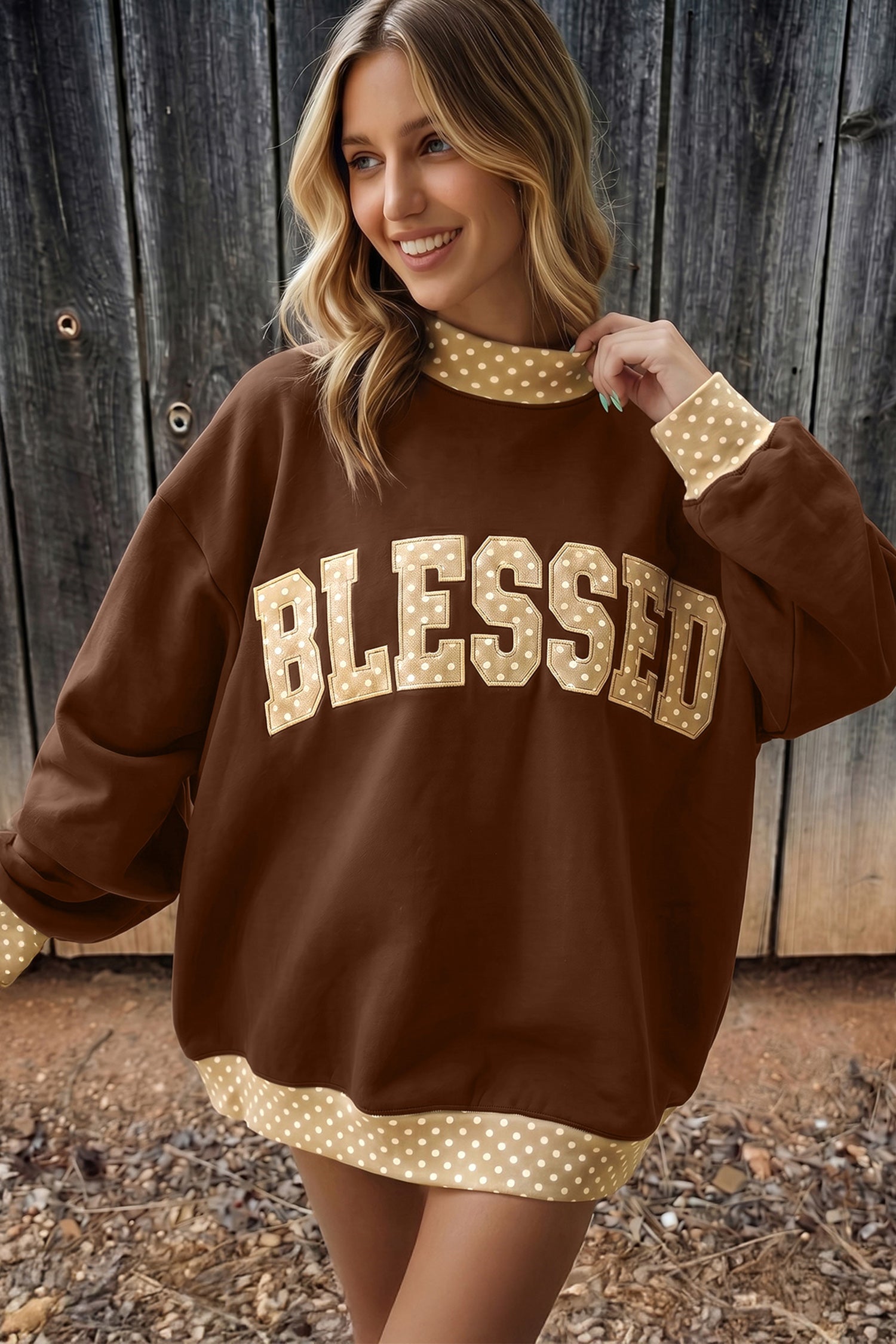 Coffee Polka Dot Trim High Neck BLESSED Letter Graphic Baggy Sweatshirt