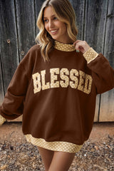 Coffee Polka Dot Trim High Neck BLESSED Letter Graphic Baggy Sweatshirt