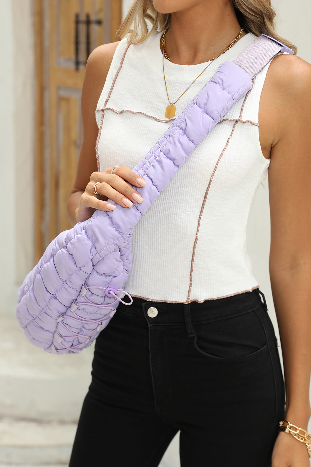 White Marshmallow Quilted Drawstring Decor Sling Bag