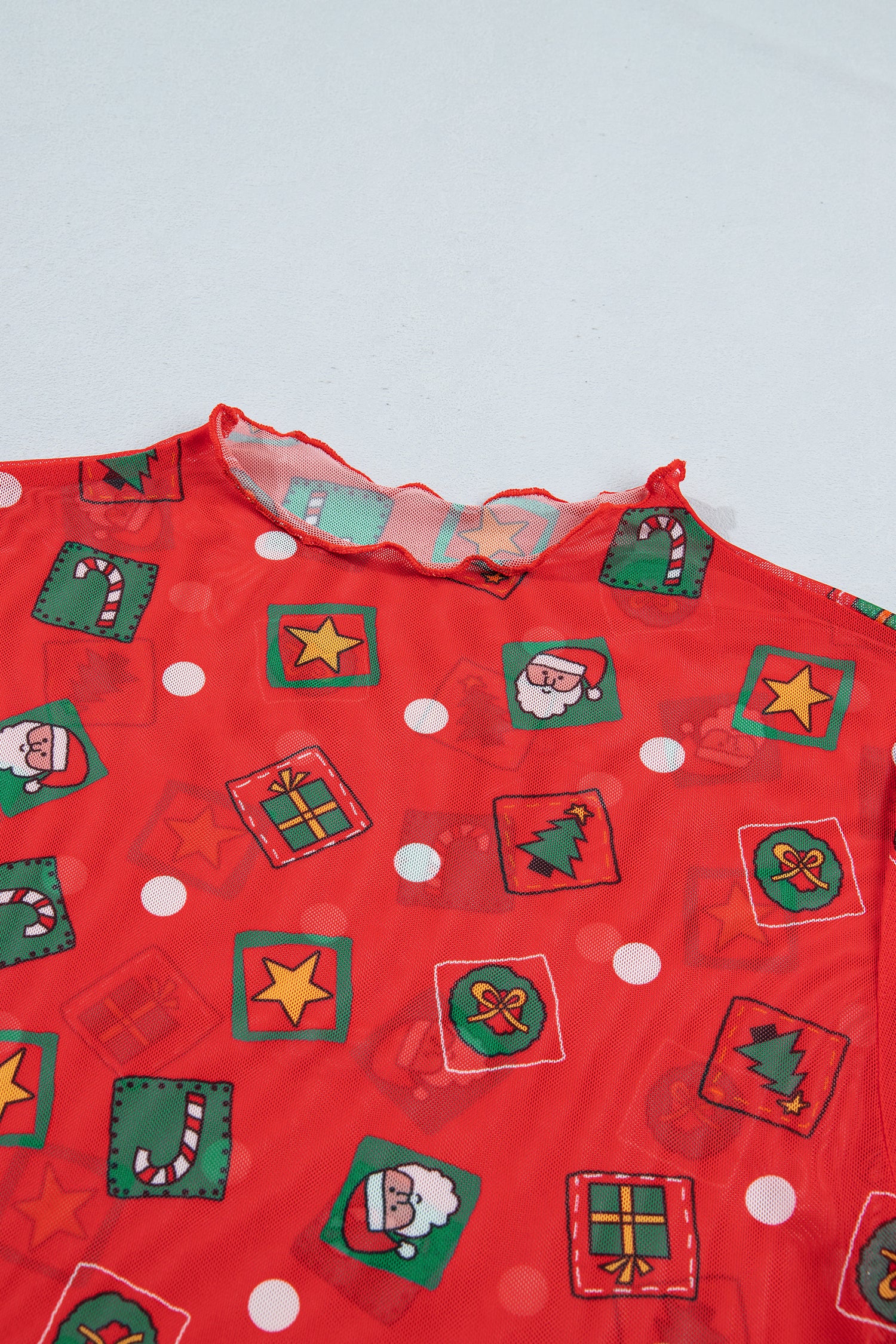 Fiery Red Christmas Elements Printed Long Sleeve Sheer Mesh Top