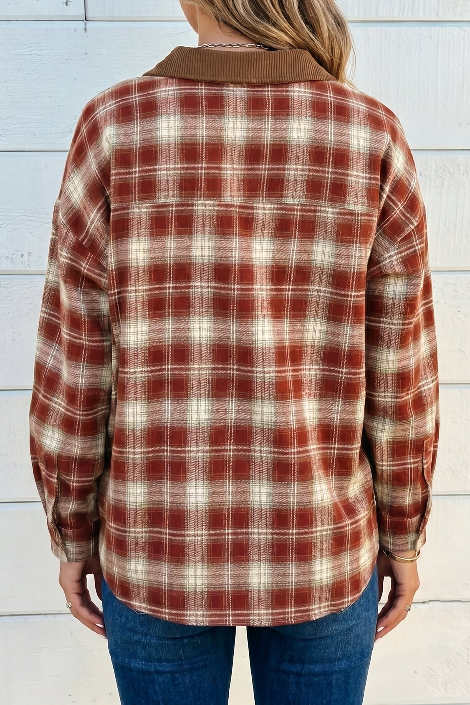 Red Contrast Plaid Long Sleeve Button Down Shacket