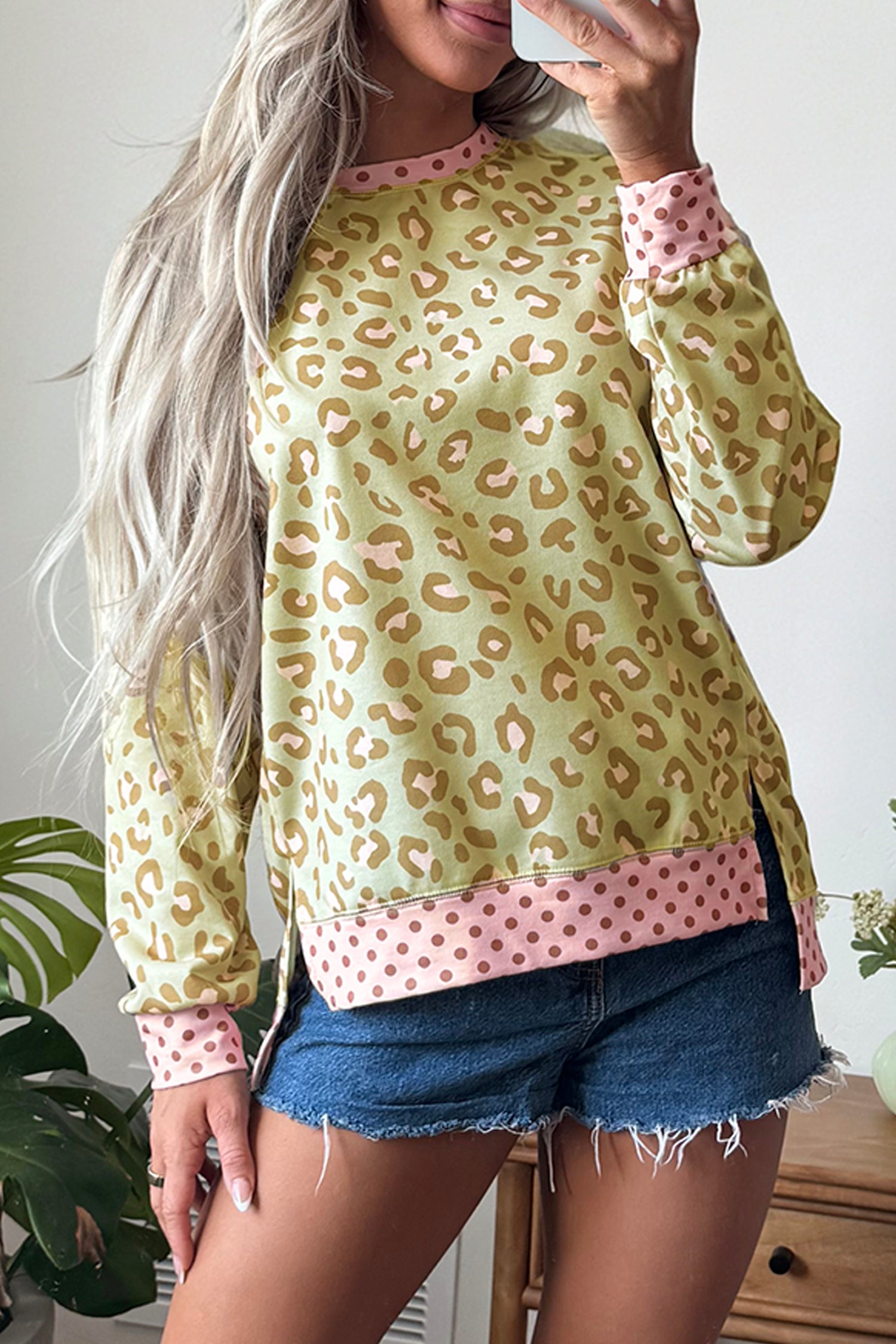Pink Leopard Polka Dot Colorblock Trim Long Sleeve Top