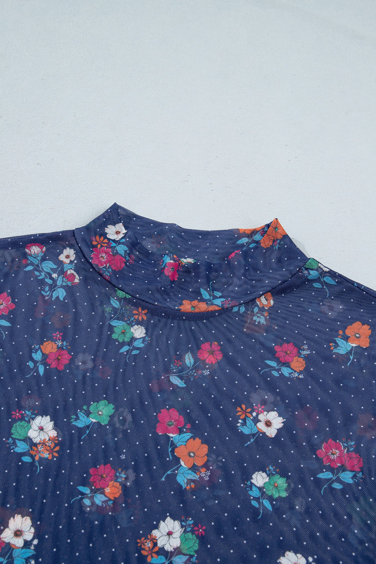 Blue Polka Dot Floral Mesh Long Sleeve High Neck Pullover Sheath Top