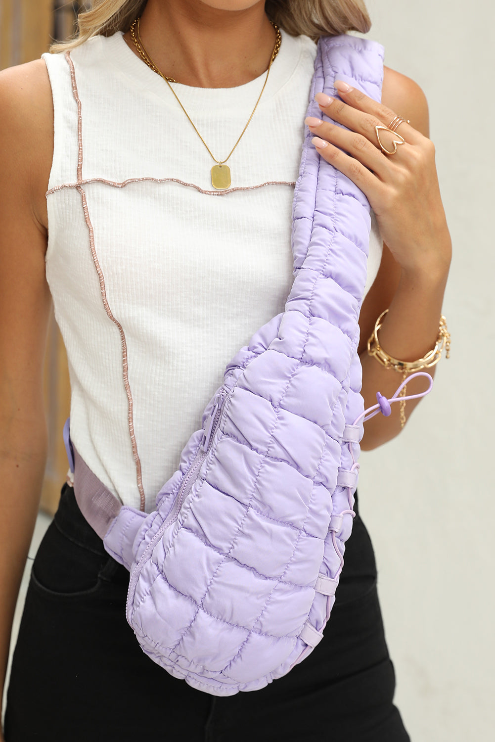 White Marshmallow Quilted Drawstring Decor Sling Bag