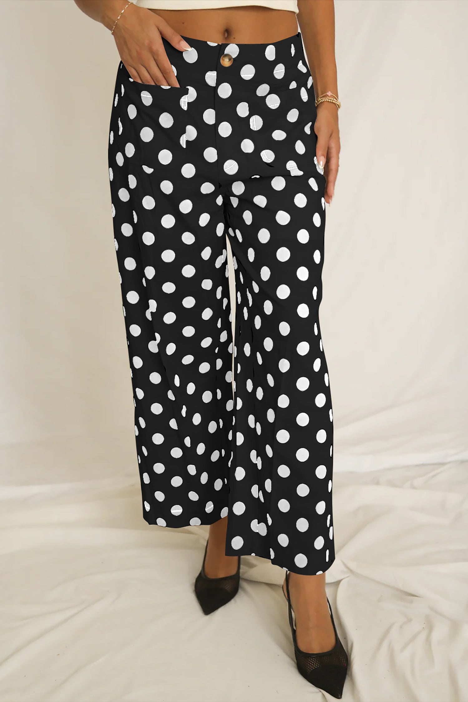 White Polka Dot Print Patched Pocket Mid-rise Straight Leg Pants
