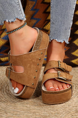 Chestnut Suede Buckle Decor Footbed Sandal Slippers