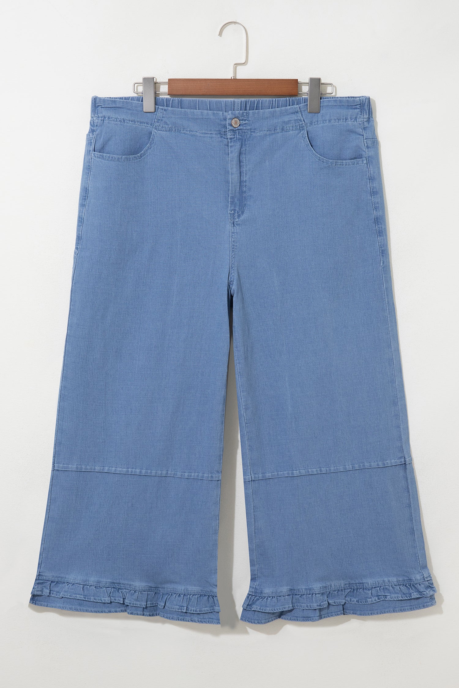 Light Blue Ruffle Hem Wide Leg Full Length Plus Size Jeans