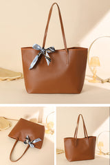 Chestnut Solid Color Large Capacity PU Leather Bag with Ribbon Detail
