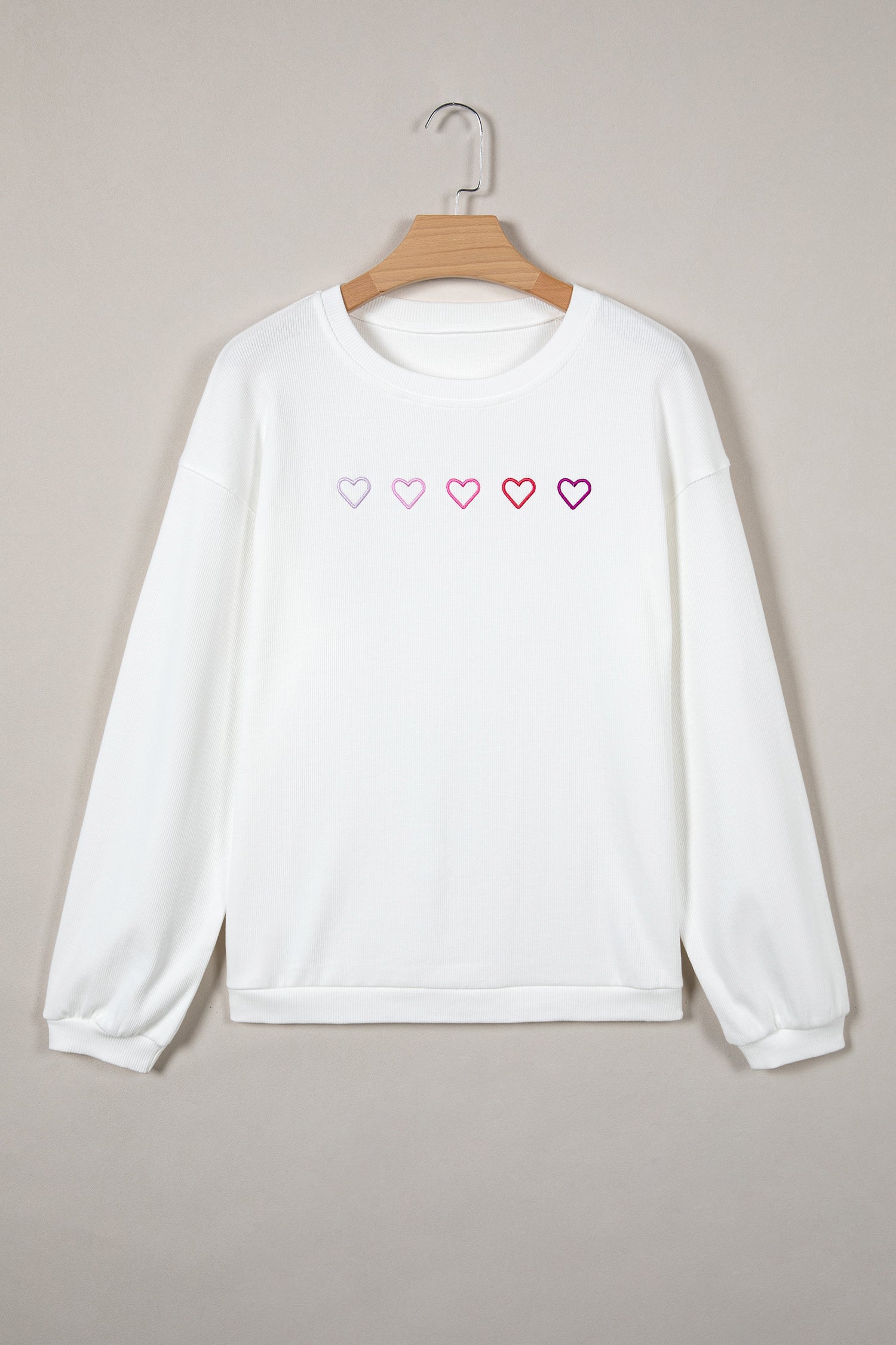White 3d Ribbed XOXO Heart Embroidered Drop Shoulder Sweatshirt
