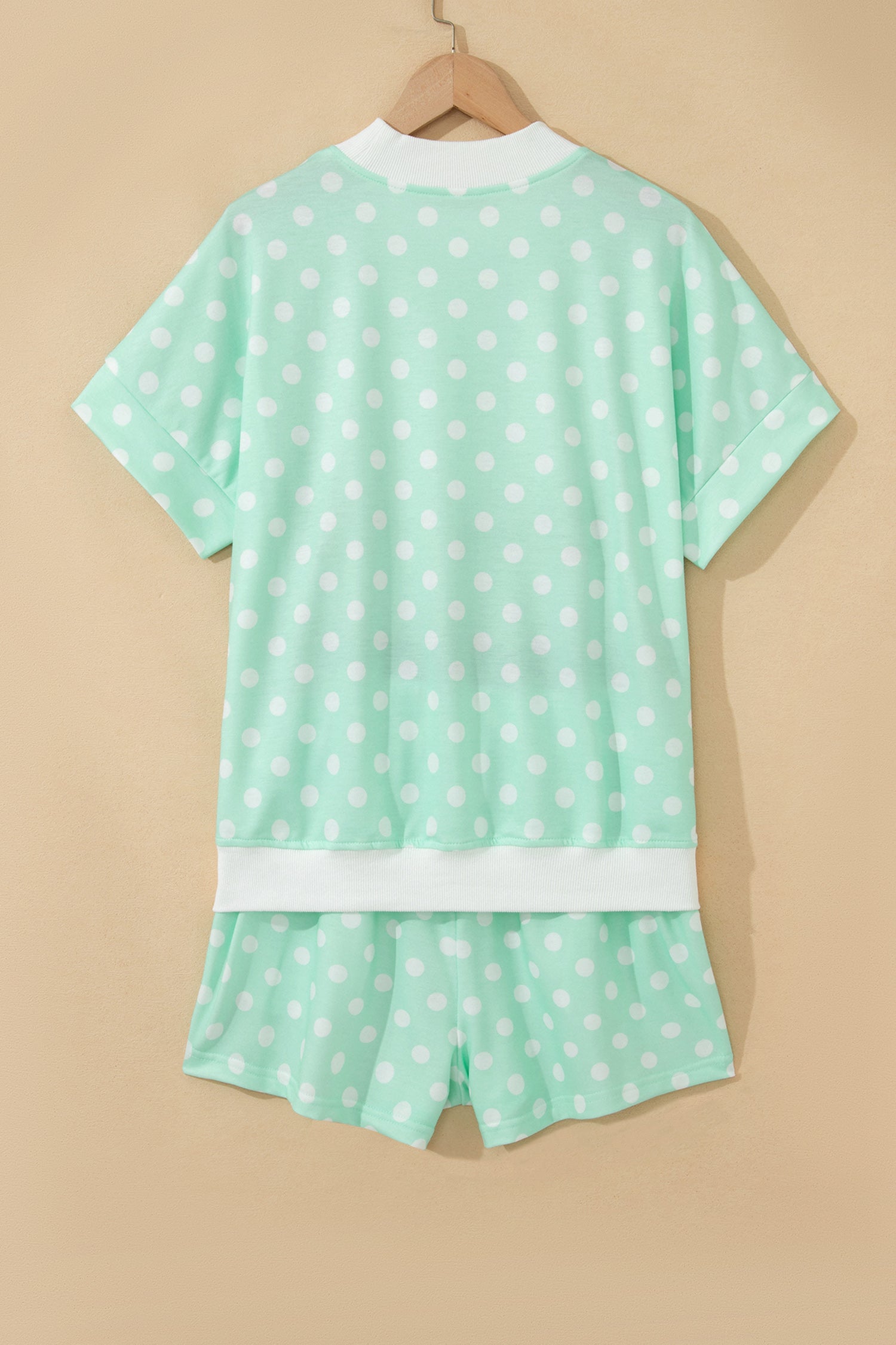 Pink Polka Dot Print Color Block Trim Mock Neck Short Set