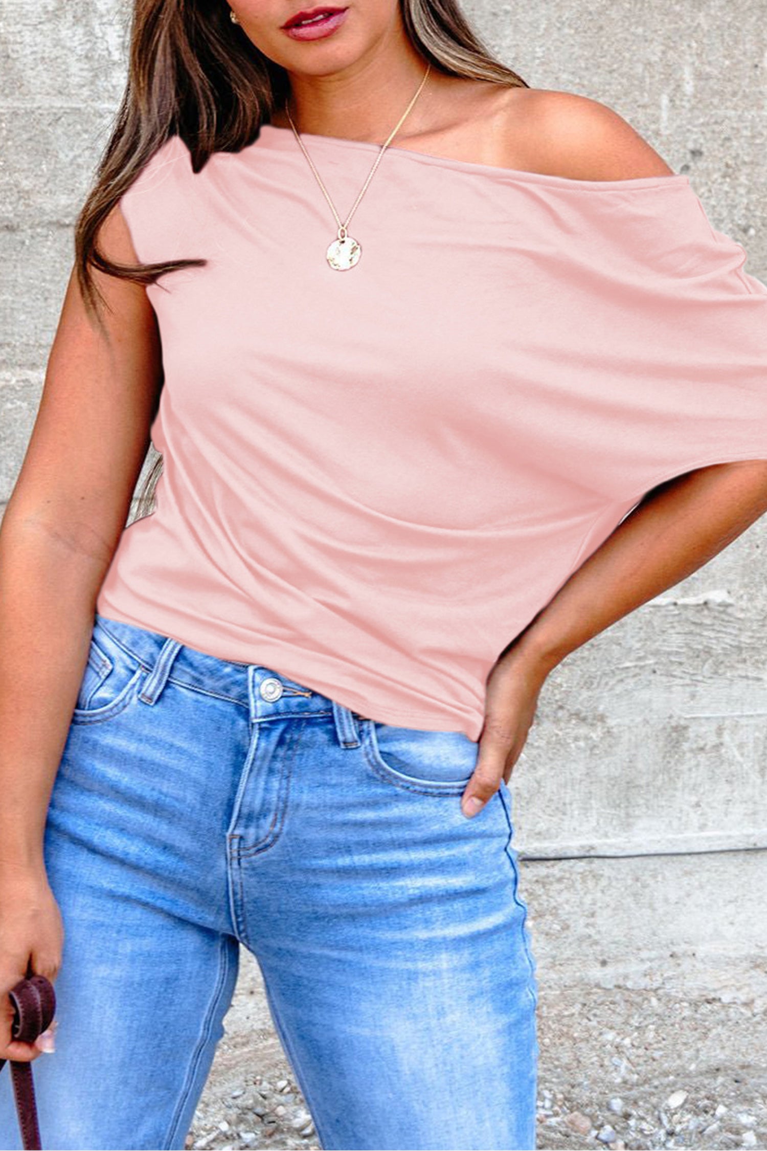 Burgundy Plus Size Solid Color Asymmetric Neck Short Sleeve Blouse