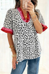 Pink Stripe Ruffled Trim V Neck Leopard Print Short Sleeve Blouse
