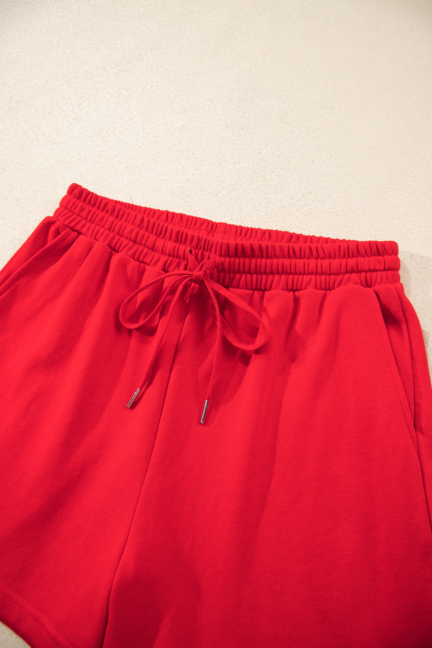 Red Plaid Patchwork Long Sleeve Top Solid Drawstring Shorts Set