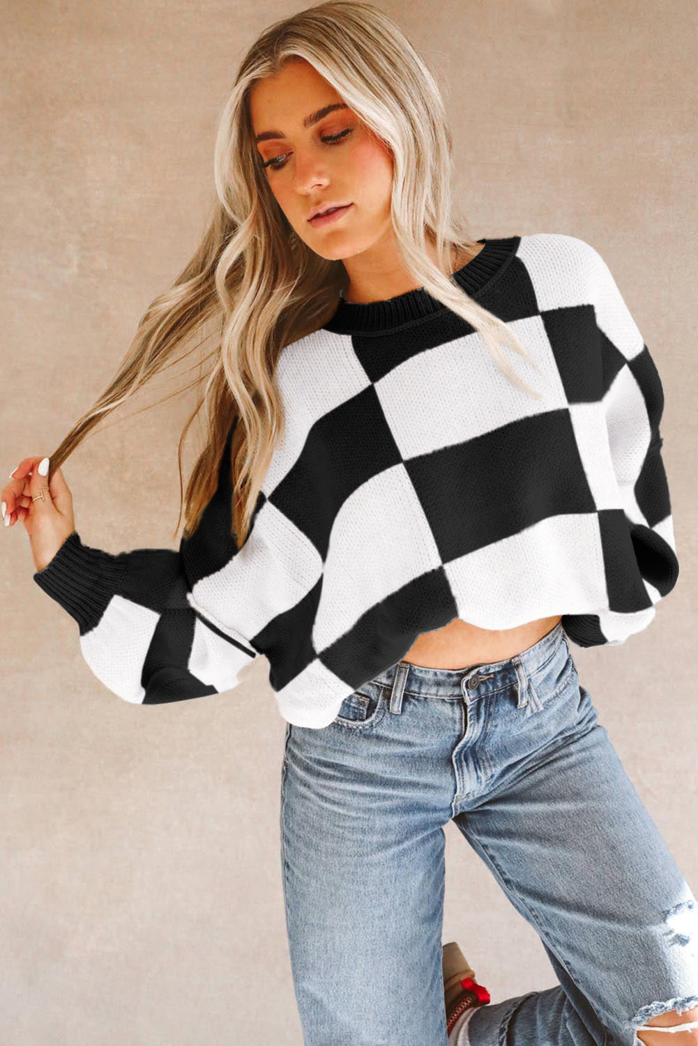 Khaki Checkered Bishop Sleeve Sweater