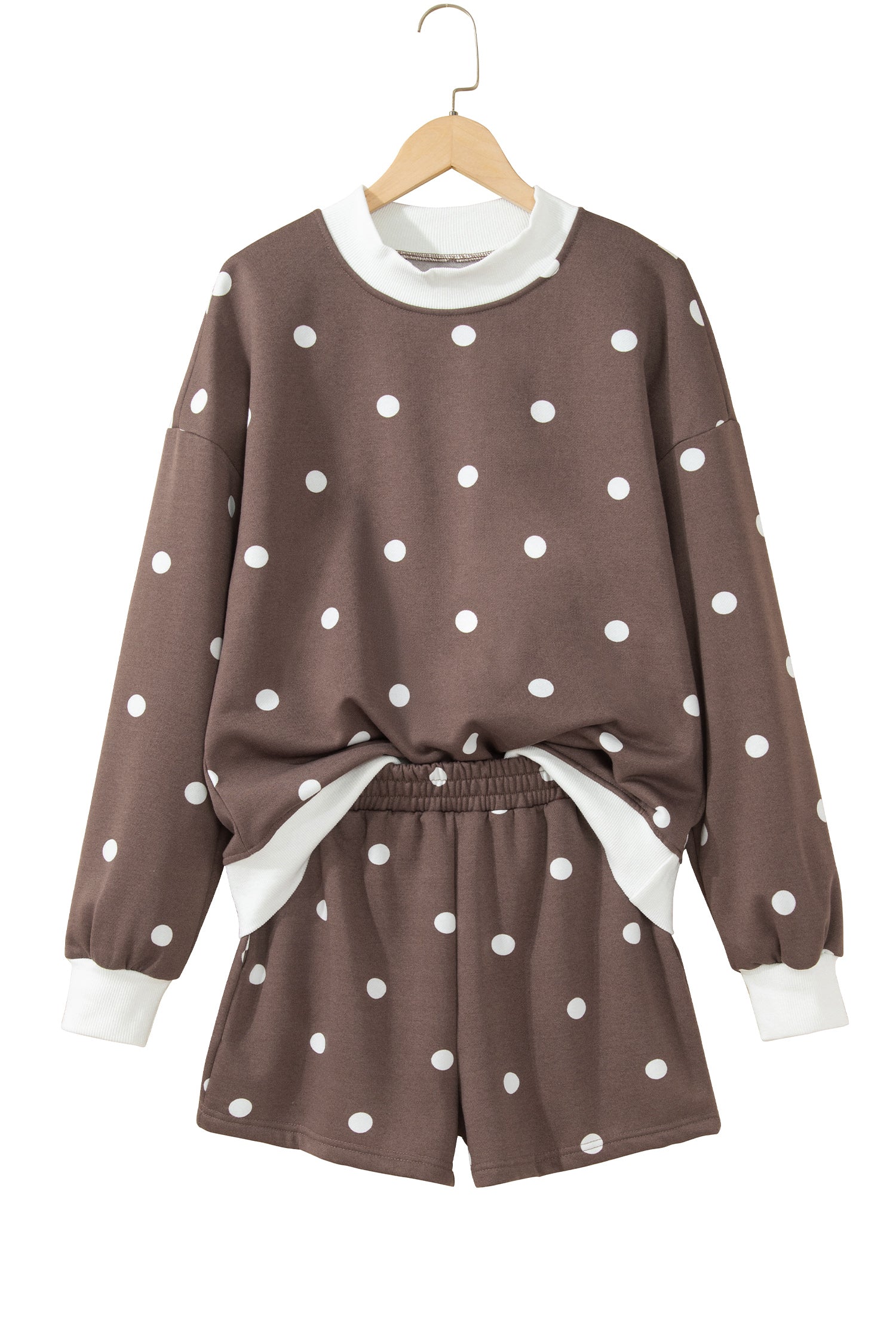Brown Polka Dot Ribbed Trim Long Sleeve Top Casual Short Set