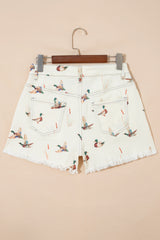 Beige Wild Duck Mallard High Waist Frayed Denim Shorts