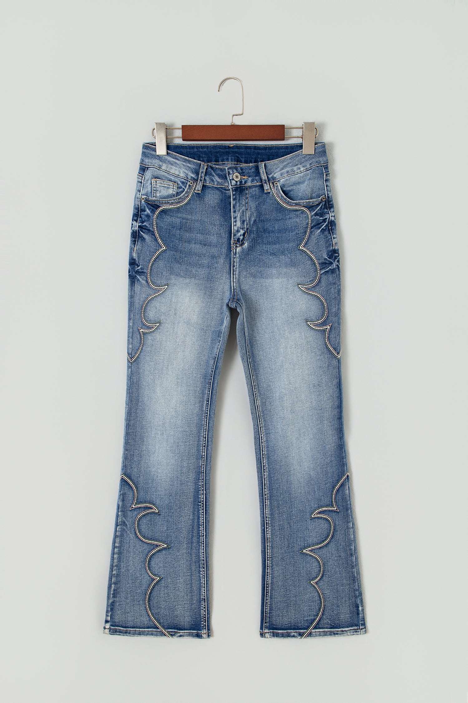 Blue Western Embroidered Flare Full Length Jeans
