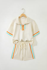Apricot Colorful Striped Detail Half Zip Polo Tee Loose Shorts Set