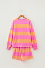 Pink Stripe Long Sleeve Casual Top Drawstring Shorts 2pcs Set
