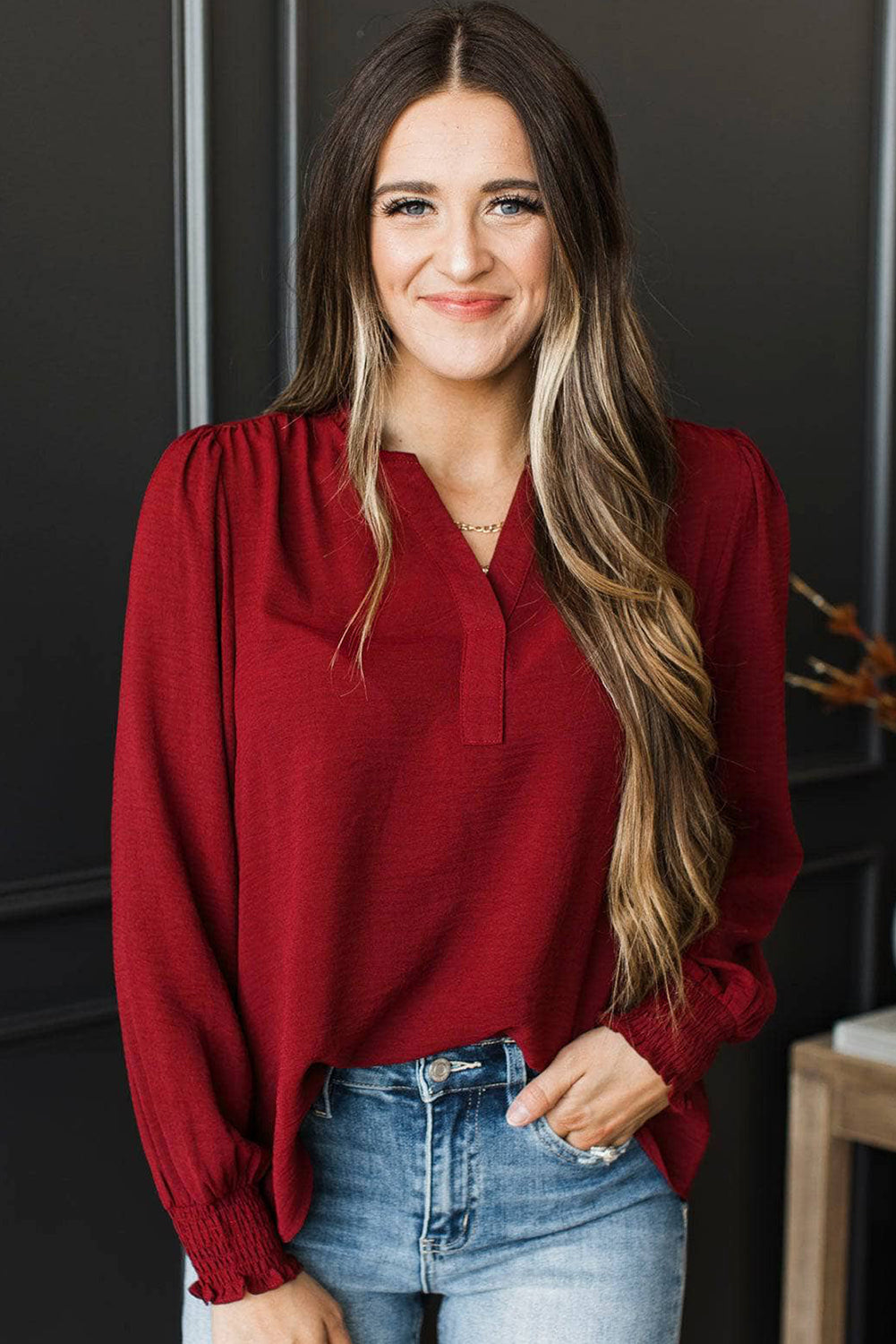 Burgundy Notched Neck Shirred Cuffs Long Sleeve Blouse