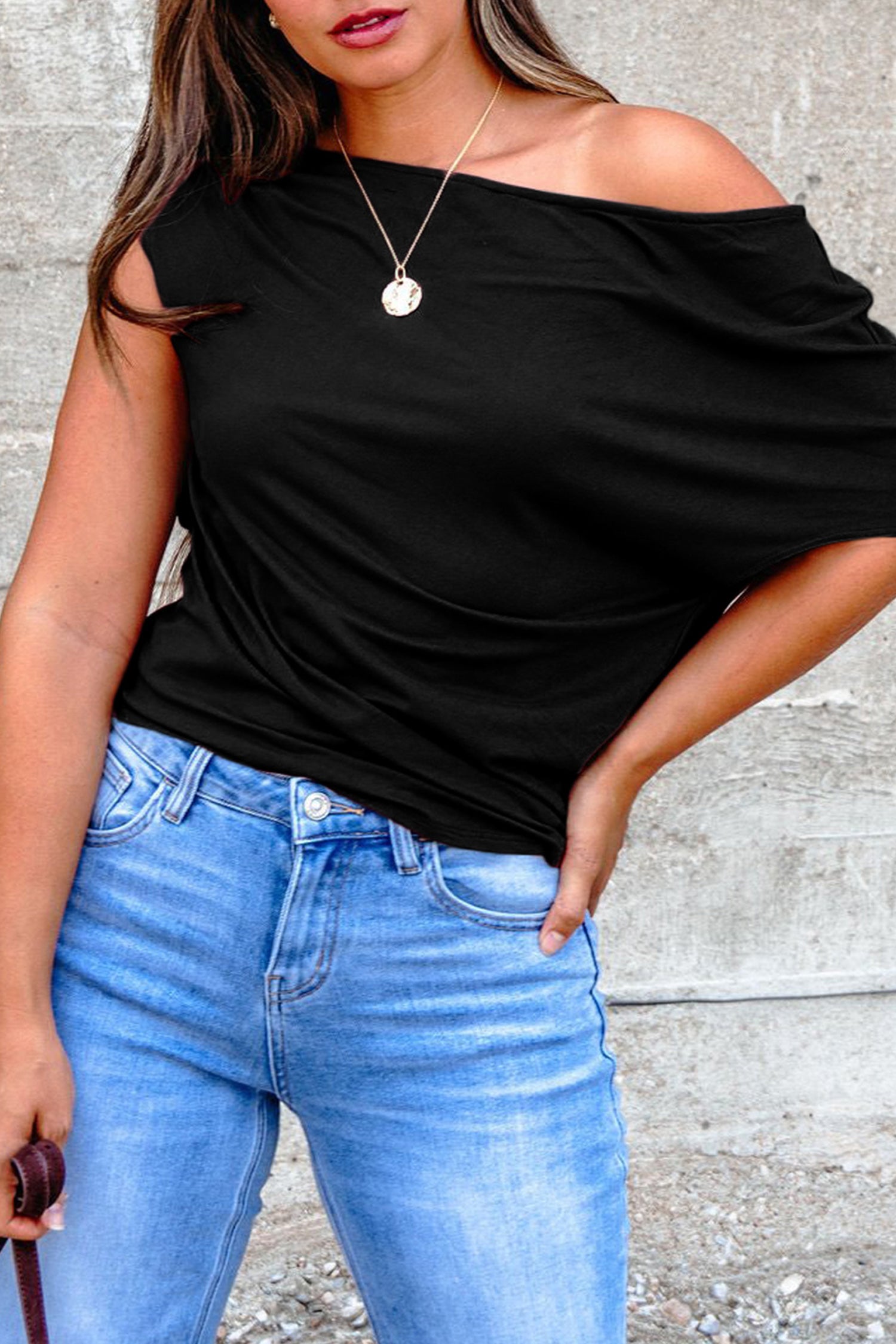 Burgundy Plus Size Solid Color Asymmetric Neck Short Sleeve Blouse