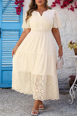 Apricot Plus Size V Neck Lacy Embroidery Patchwork Short Sleeve Maxi Dress