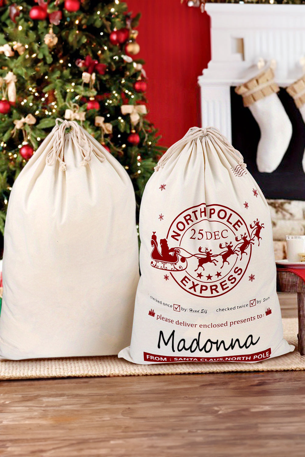 White Reindeer Drawstring Closure Christmas Party Favor Gift Bag