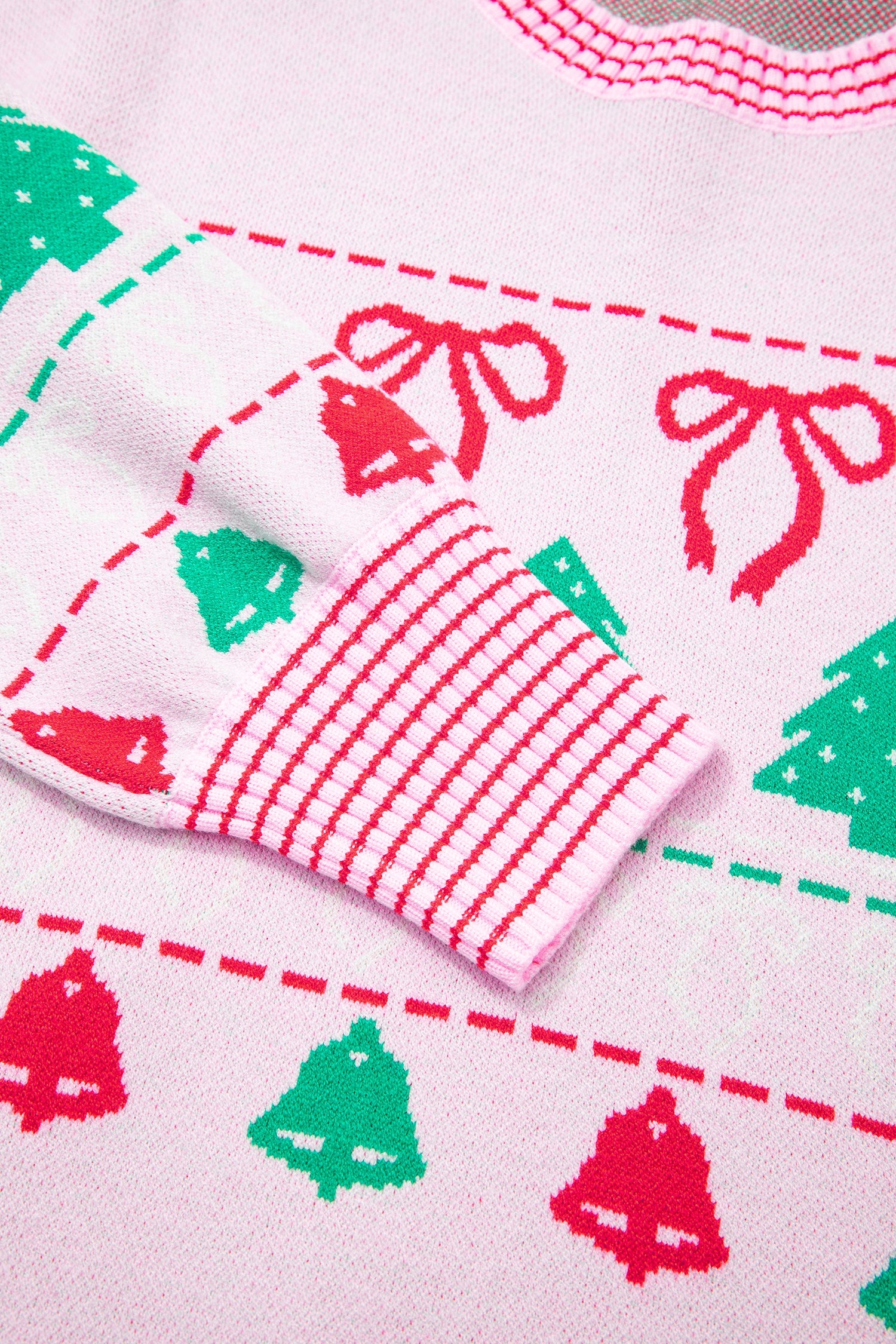 Pink Festive Holiday Print Round Neck Loose Tunic Sweater