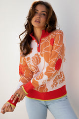 Khaki Floral Half Zip Collared Pullover Sweater