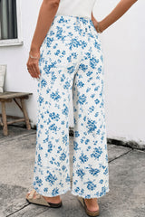 Sky Blue Floral Print Tie Waist Straight Leg Jeans
