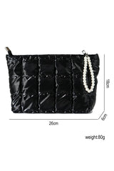 Color black PU Leather Quilted Texture Pearl Chain Zip Makeup Bag