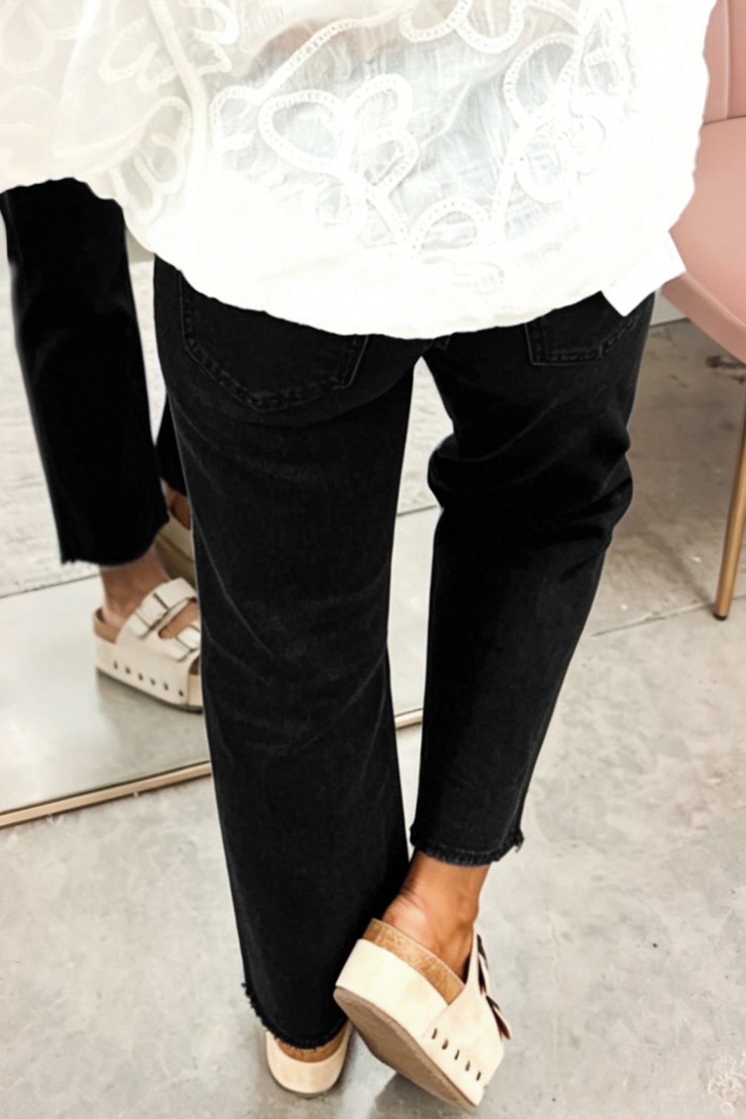 Black Sequin Ghost Patched Graphic Raw Hem Casual Jeans