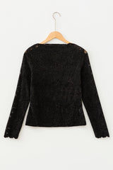 Black Elegant Stand Neck Lace Long Sleeve Top