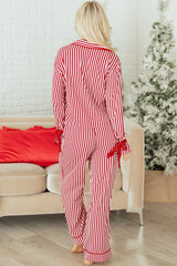 Red Stripe Contrast Velvet Trim Bow Knot Waist 2pcs Pajama Set