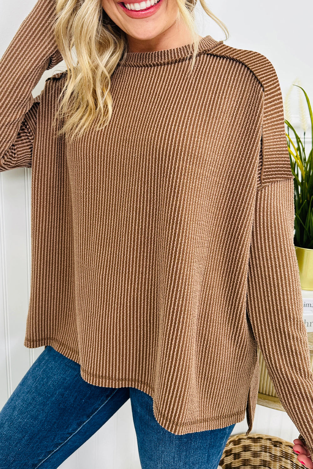 Dark Khaki Twisted Rib Exposed Seam Detail Long Sleeve Loose Top