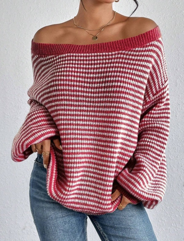 Off-neck Shoulder-baring Sweater Contrast Color