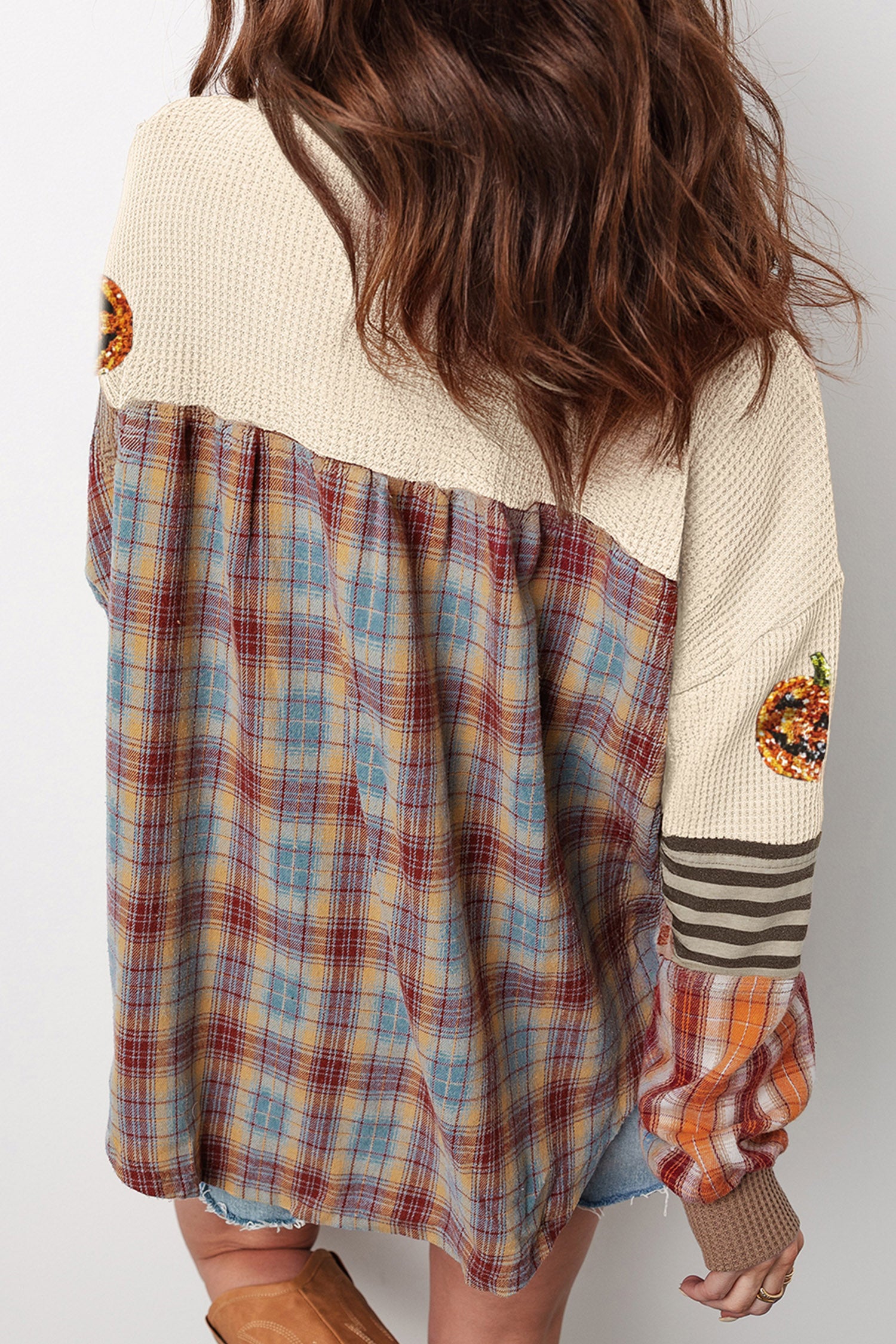 Beige Sequined Pumpkin Face Patched Henley Waffle Top