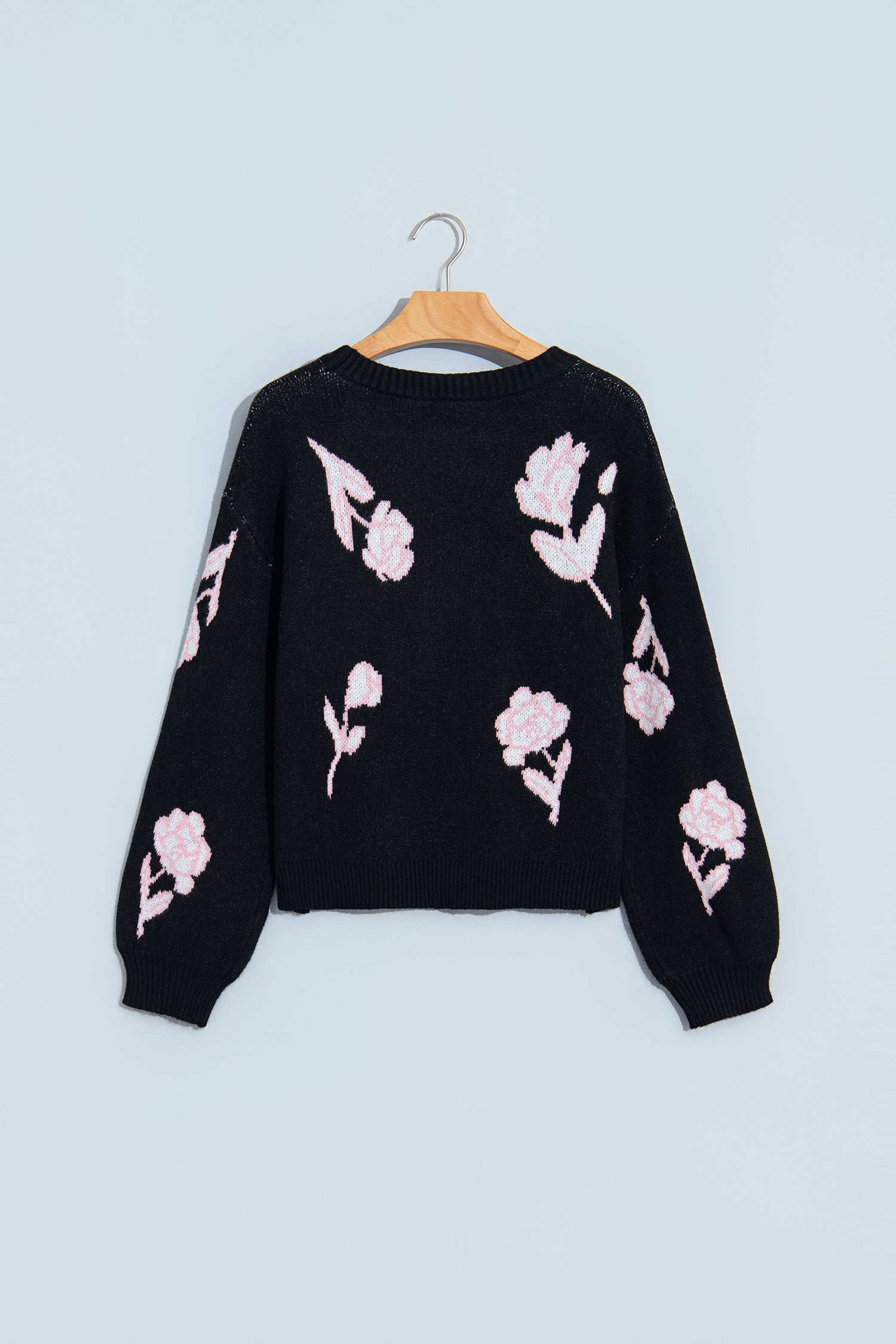 Black Floral Pattern Puff Sleeve Dropped Shoulder Pullover Sweater