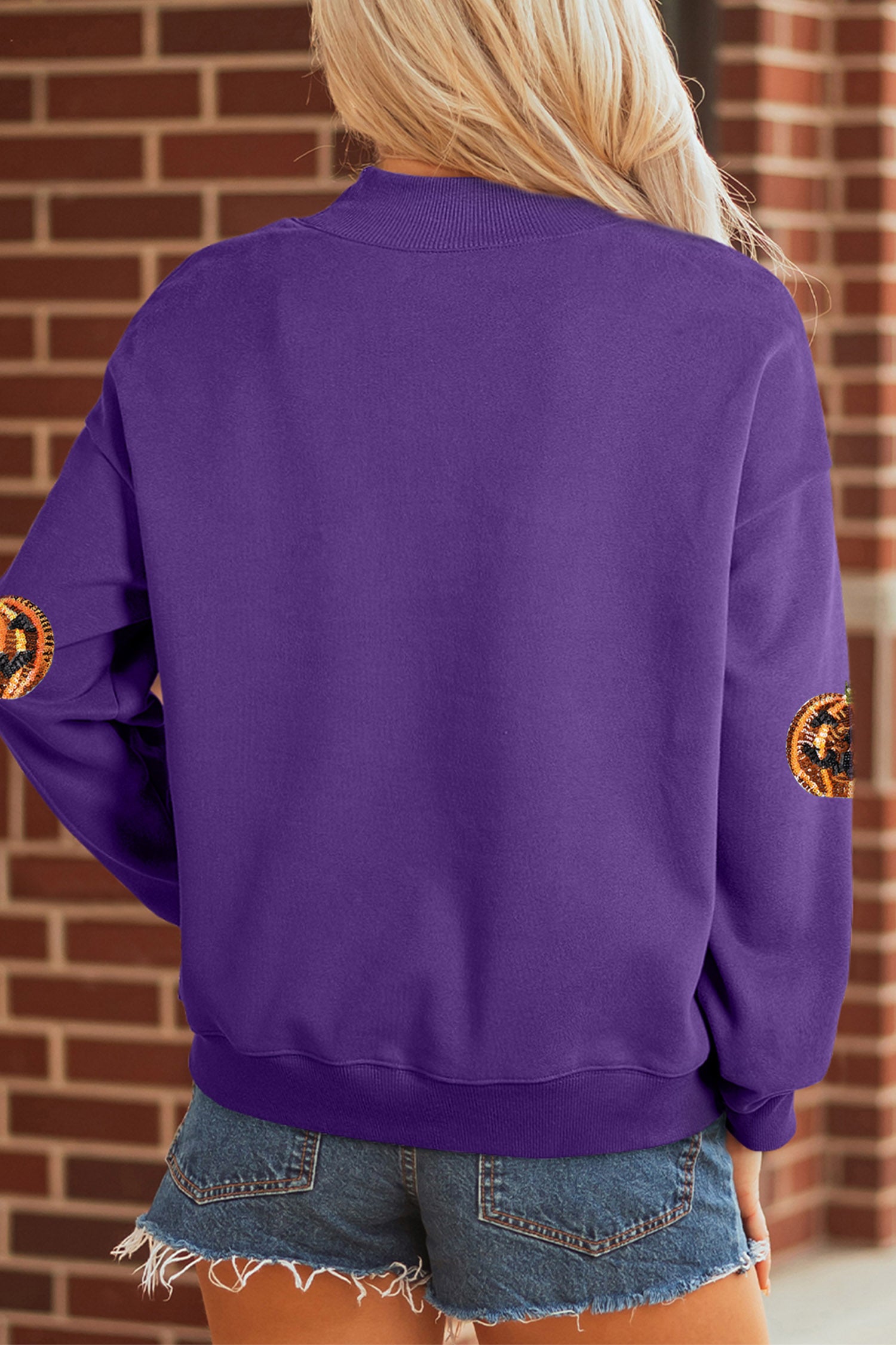 Tillandsia Purple Sequin Pumpkin Spooky Graphic Halloween Pullover Sweatshirt